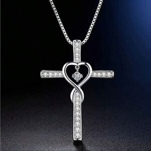 Silver Water Diamond Heart Cross Necklace